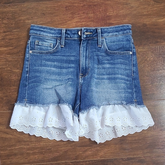 Just Black Pants - Just Black Denim Shorts with White Eyelet Ruffle Trim Western High Rize Size S